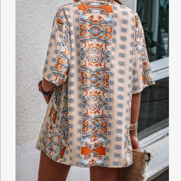 Boho Floral Paisley Print Open Front Kimono Top Shirt Blouse Shorts Set PINK - Picture 12 of 14